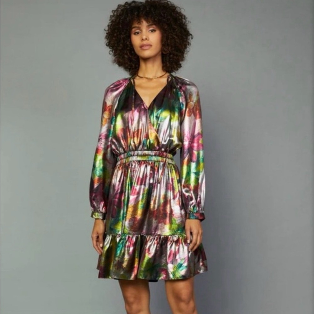 Current Air Metallic Multicolor Floral Long Sleeve Dress NWOT